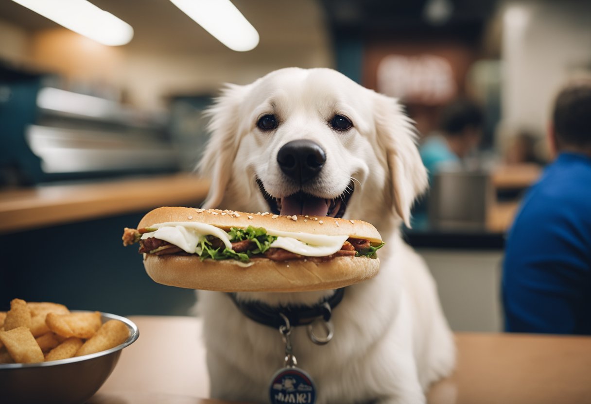 A happy dog with a wagging tail eagerly devours a Jersey Mike's sub, with crumbs scattered around and a contented expression on its face.