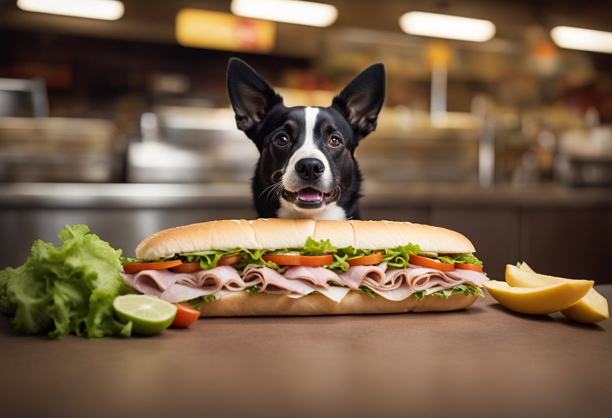 A dog eagerly eyes a Jersey Mike's Sub, tail wagging. The sub is piled high with fresh meats and veggies, tempting the hungry pup.