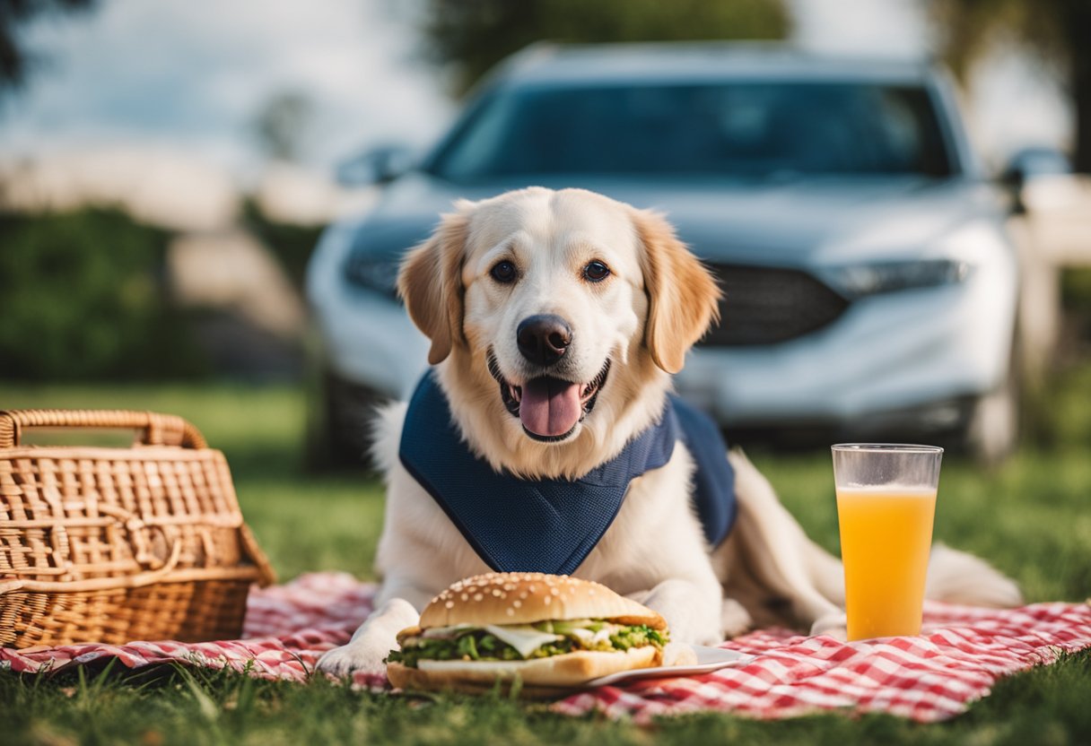 A happy dog eagerly sniffs a Jersey Mike's sub on a picnic blanket, while a concerned owner watches nearby.