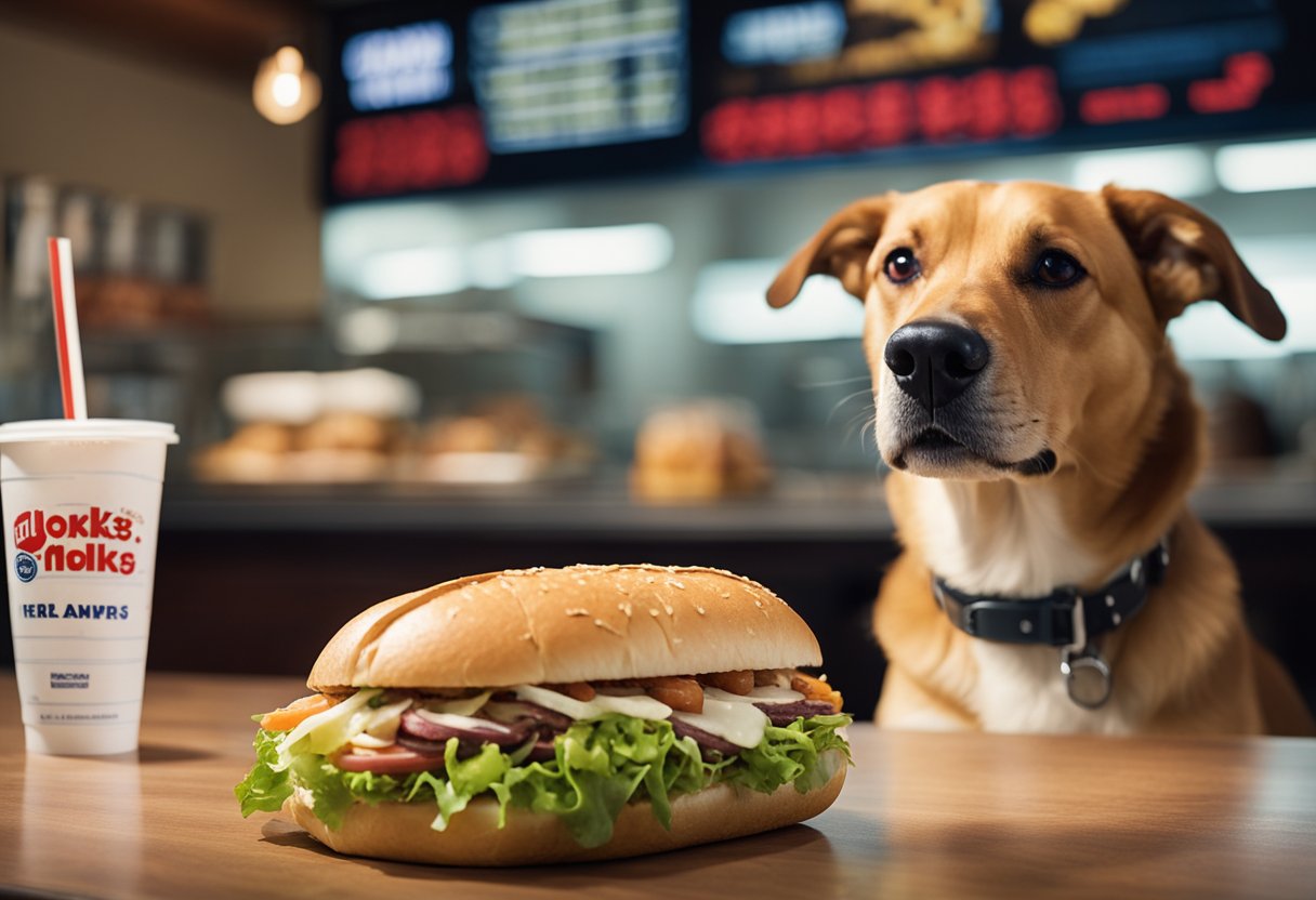 A dog eagerly eyes a Jersey Mike's sub on a table, while a concerned owner looks on, wondering if it's safe for their pet to eat