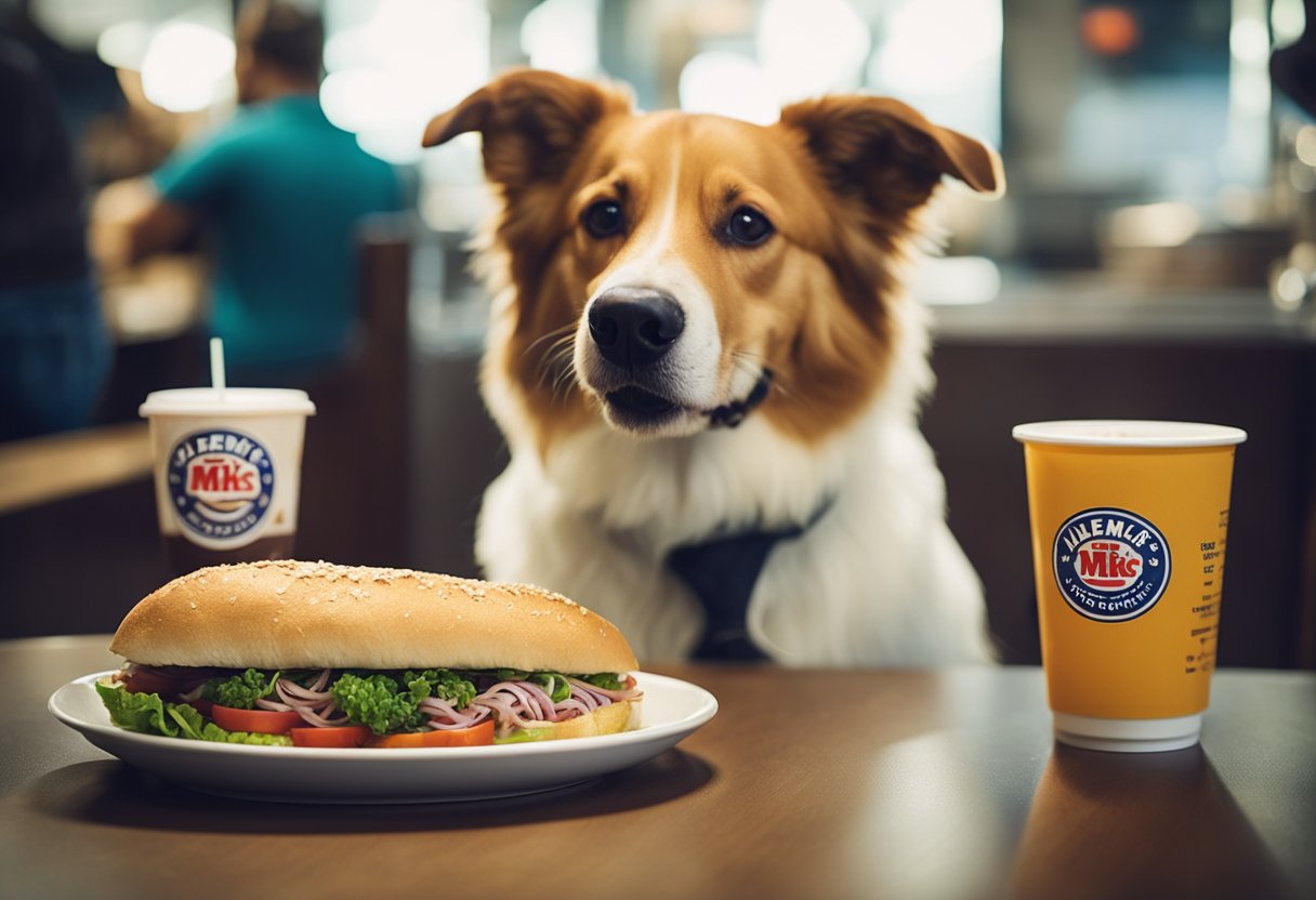 A happy dog eagerly eats from a bowl filled with fresh vegetables and lean protein, while a tempting Jersey Mike's sub sits untouched nearby.