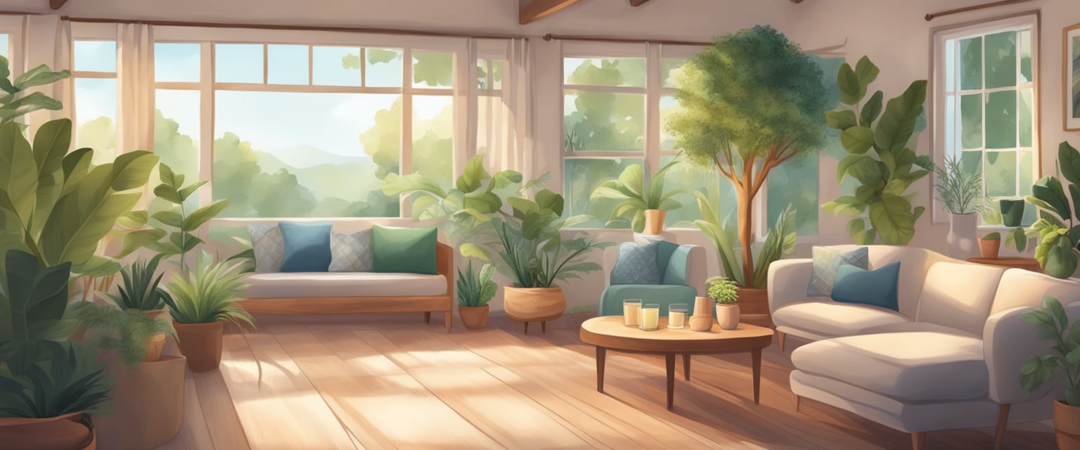 A peaceful setting with soft, natural lighting. A cozy space with plants, soothing colors, and positive affirmations displayed prominently