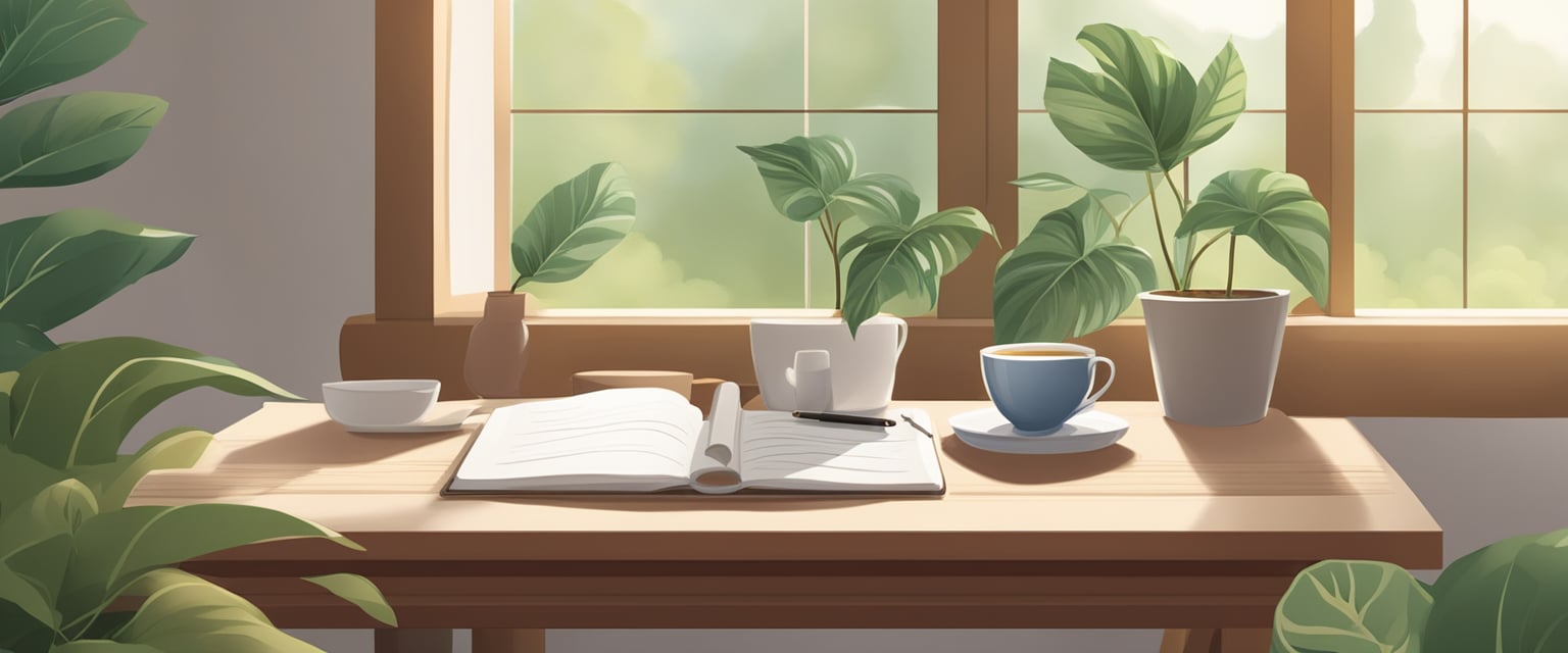 A serene setting with a journal, pen, and cozy environment. A cup of tea, plants, and soft lighting add to the peaceful atmosphere