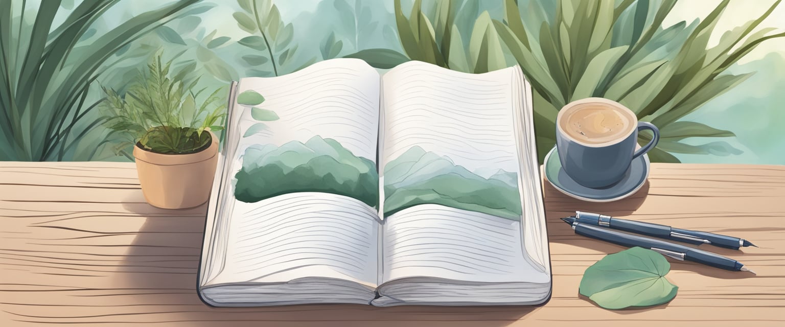 A serene setting with a journal, pen, and a cozy space for reflection and self-care affirmations