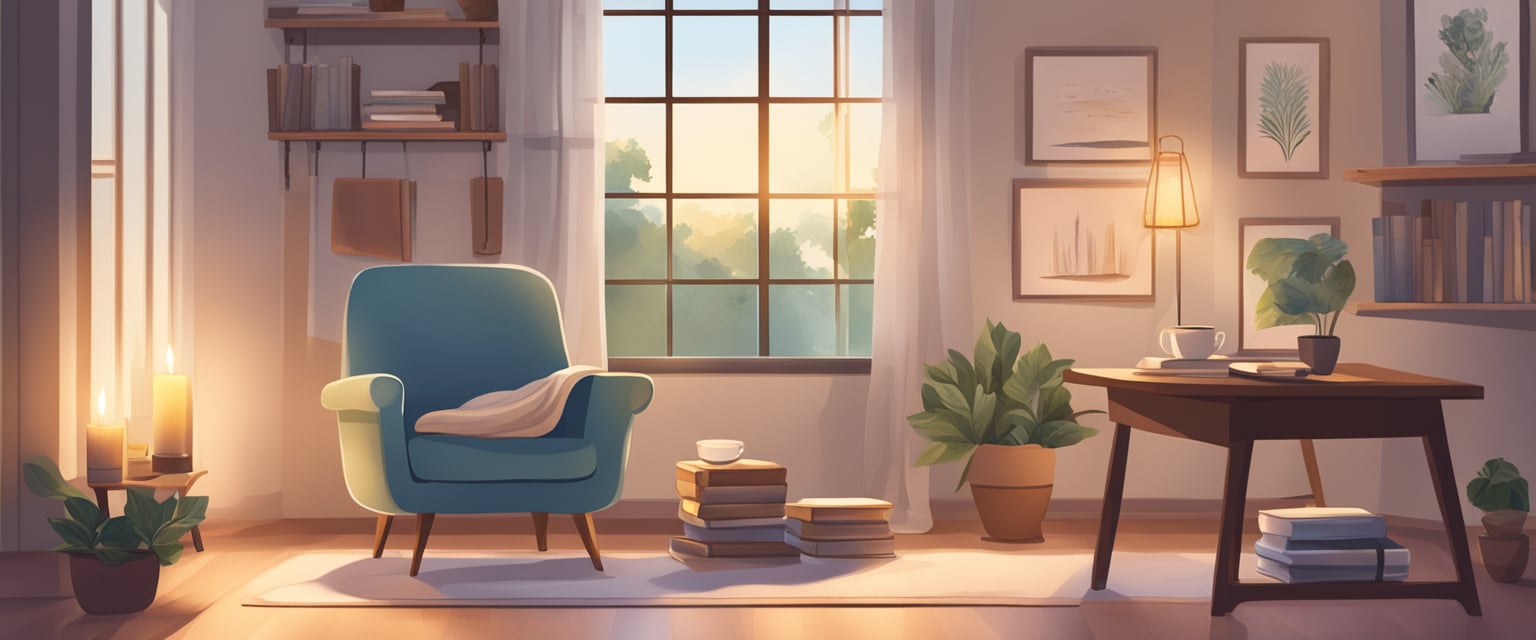 A serene setting with a cozy armchair, soft blanket, and a table with self-care resources like books, candles, and a journal. A calming atmosphere with affirmations displayed on the wall