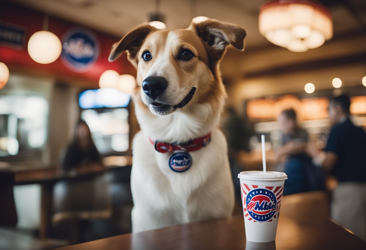 A happy dog eagerly waits by a Jersey Mike's Sub, surrounded by the brand's friendly policies and welcoming culture