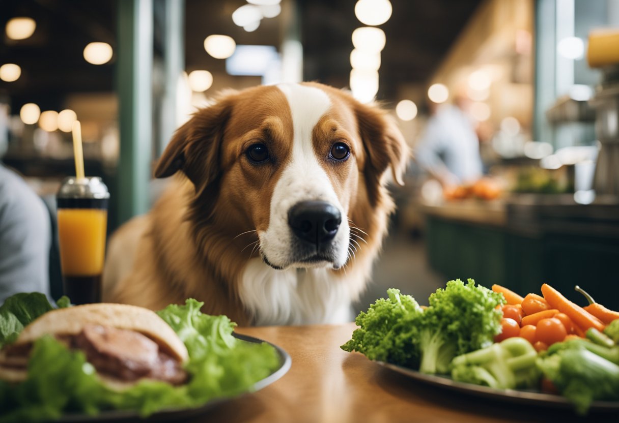 A dog eagerly sniffs a plate of fresh vegetables, fruits, and lean meats, while a discarded Jersey Mike's sub sits untouched nearby