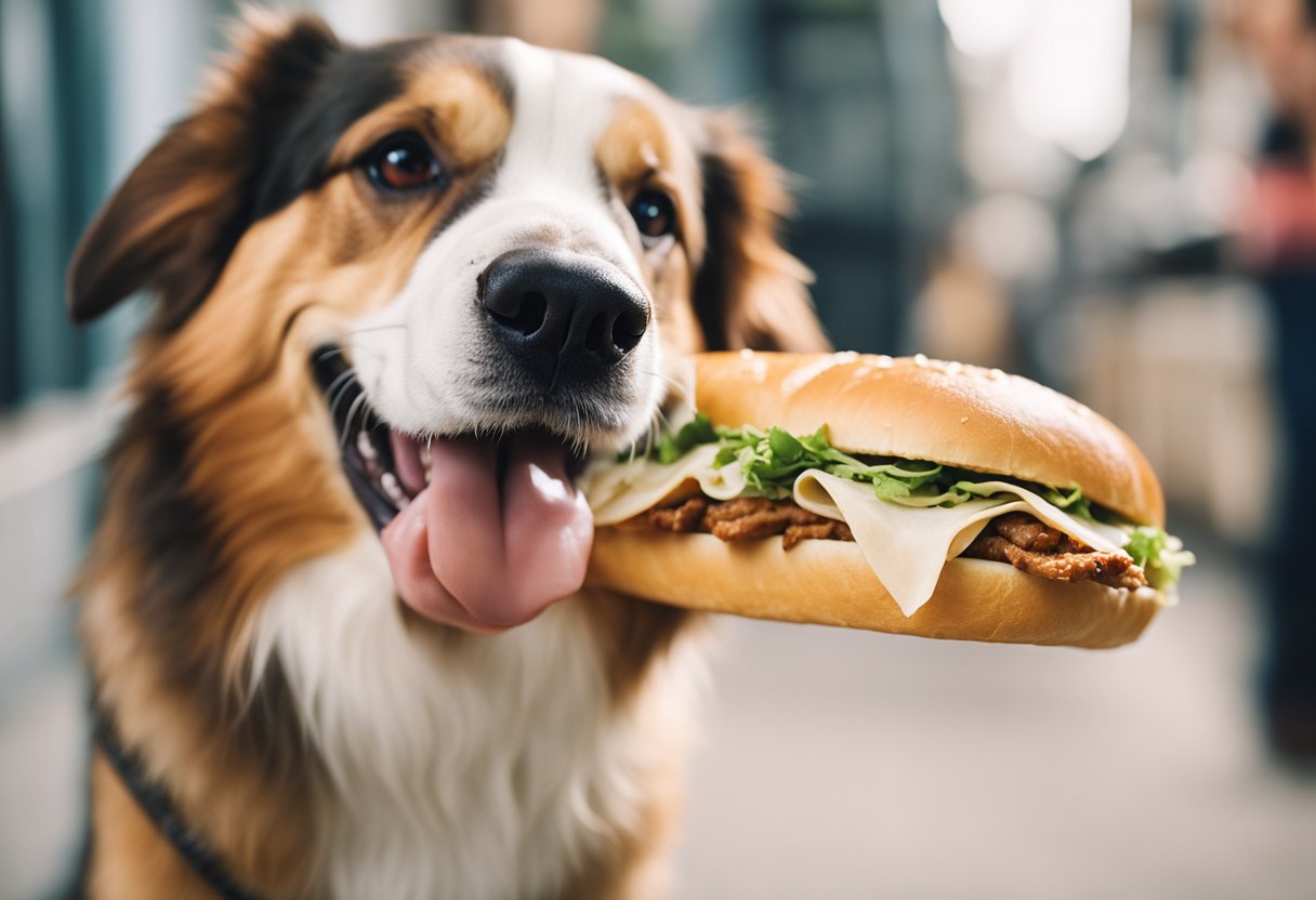 A happy dog eagerly eats a Jersey Mike's sub, with a wagging tail and a content expression on its face