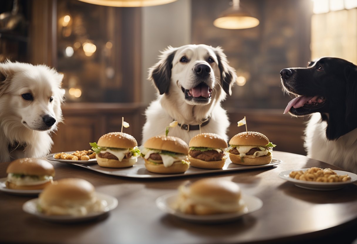 A group of dogs eagerly gather around a table with White Castle sliders scattered on top. Their tails wag as they sniff and lick the tasty treats.