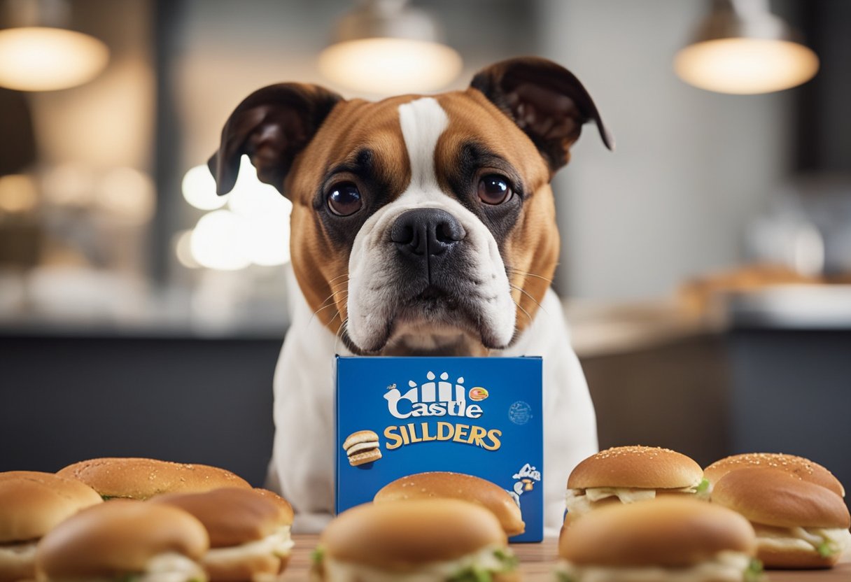 A dog eagerly sniffs a pile of White Castle sliders, its tail wagging in excitement. The iconic cardboard box and distinctive slider buns are visible in the background.