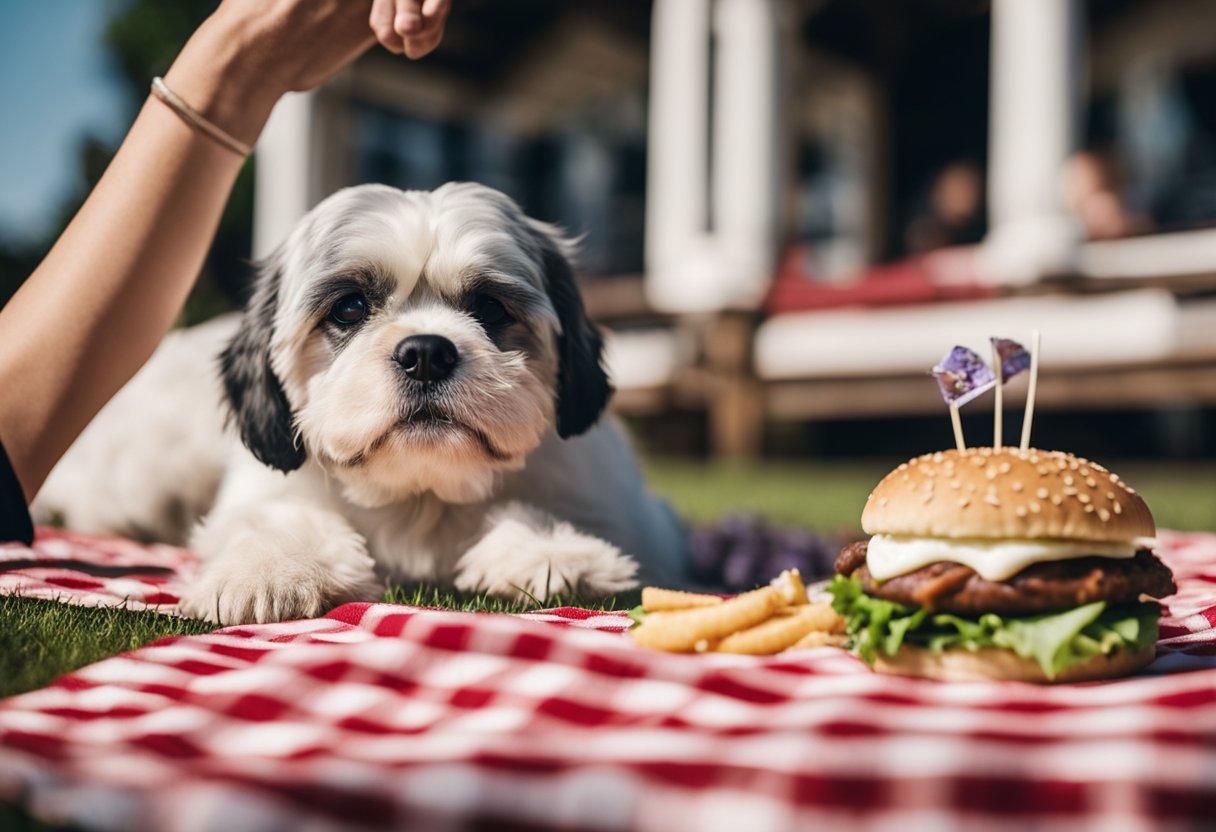 A dog eagerly sniffs a White Castle slider on a checkered picnic blanket, while a concerned owner looks on.