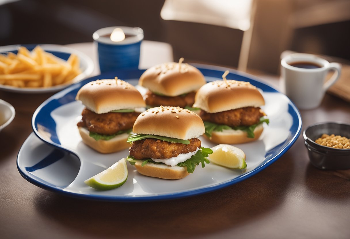 A plate of White Castle sliders sits on a table, with a curious dog sniffing at the delicious aroma.