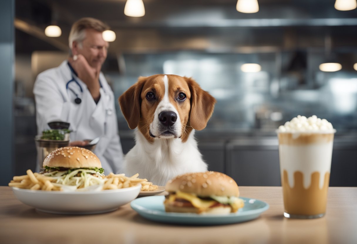 A dog eagerly eating a White Castle slider, with a concerned veterinarian in the background shaking their head.