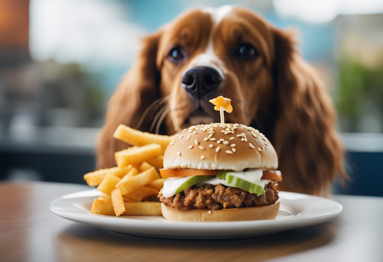 A dog eagerly sniffs a plate of alternative slider options to White Castle, including a variety of dog-friendly ingredients.