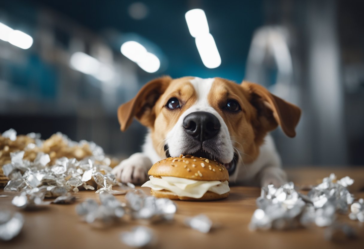 A dog eagerly consumes a White Castle slider, tail wagging and tongue lapping up the grease. A pile of discarded wrappers sits nearby