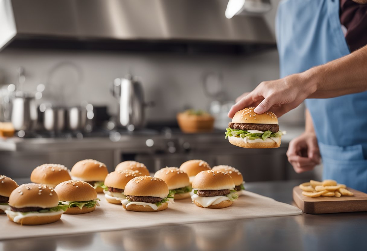 White Castle sliders being assembled on a kitchen counter. A dog eagerly looks on, hoping for a taste