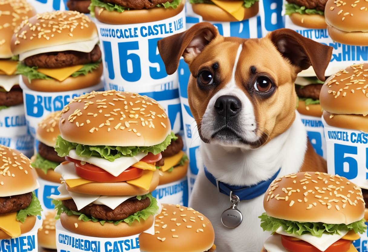 A pile of White Castle sliders surrounded by pop culture references. A dog eagerly eyes the burgers