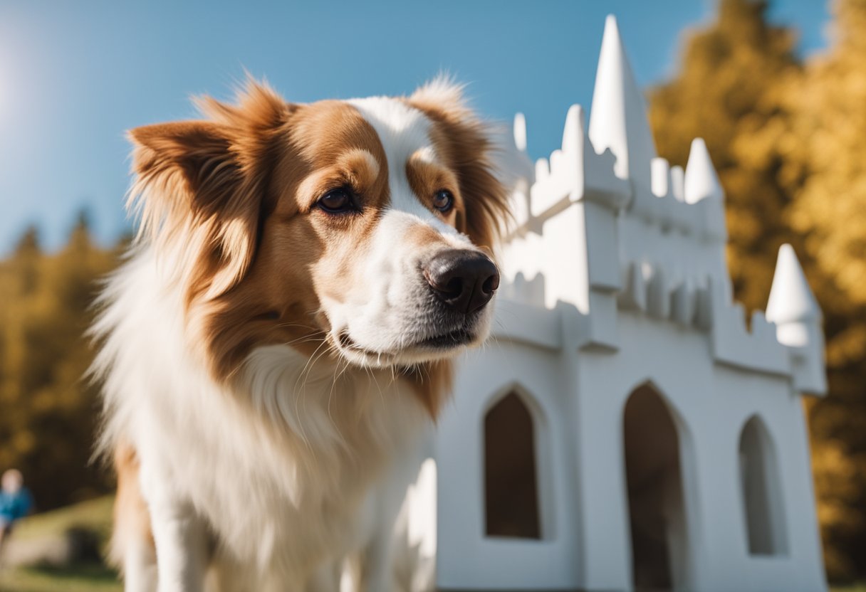 A happy dog eagerly sniffs a White Castle slider, while a concerned owner looks on in the background