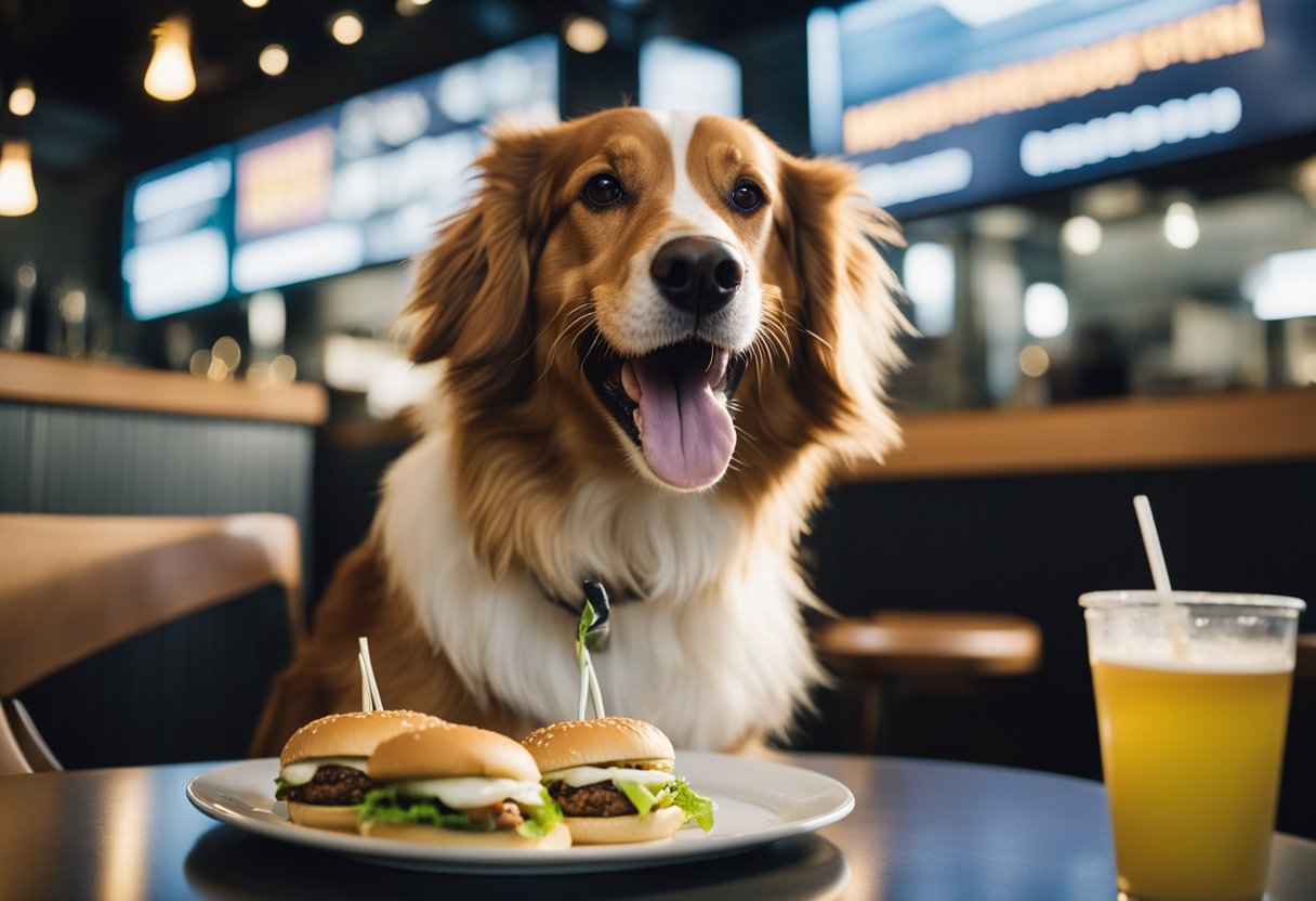 A happy dog eagerly devours a Shake Shack burger, wagging its tail with excitement.