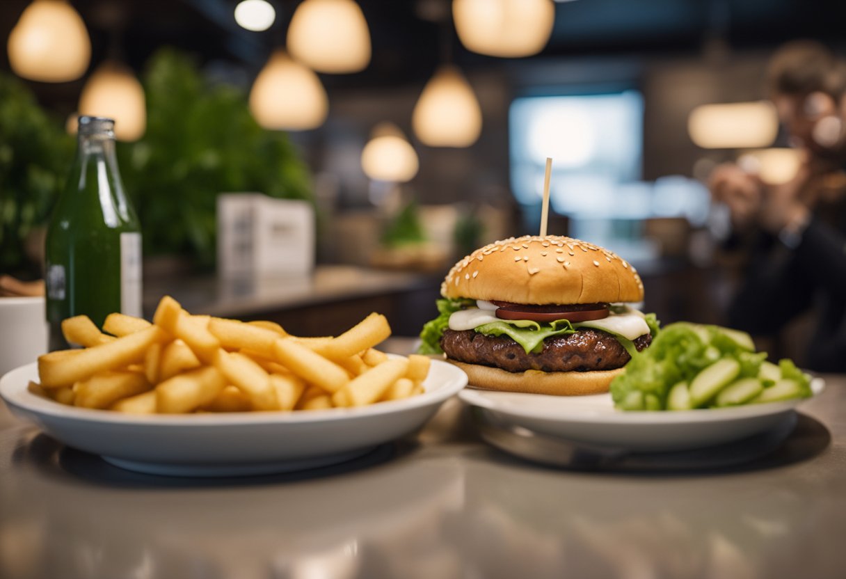 A dog eagerly eyes a Shake Shack burger on a table. The restaurant's iconic green and white decor is visible in the background.