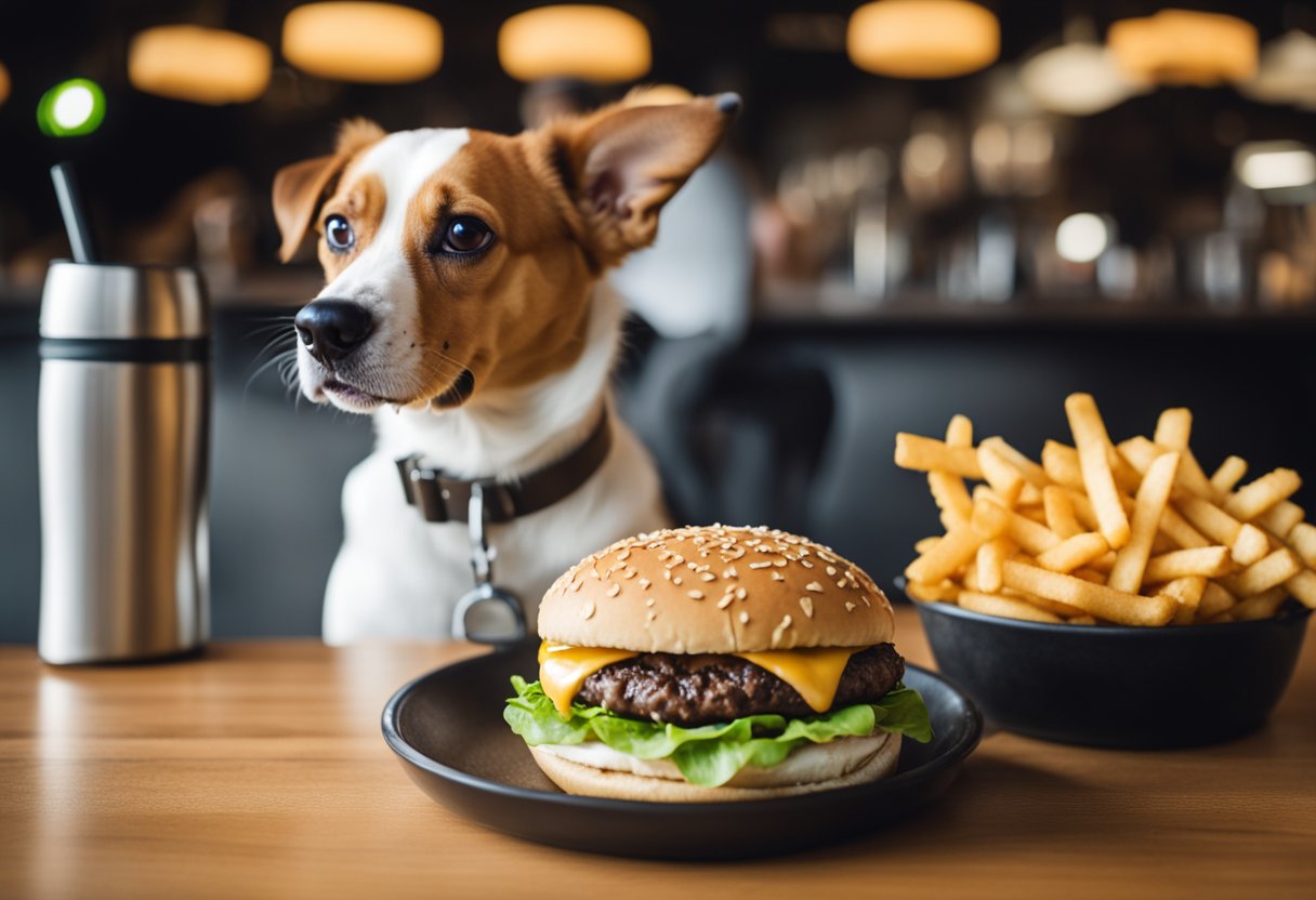 A dog eagerly eyes a Shake Shack burger. A bowl of balanced canine nutrition sits nearby.