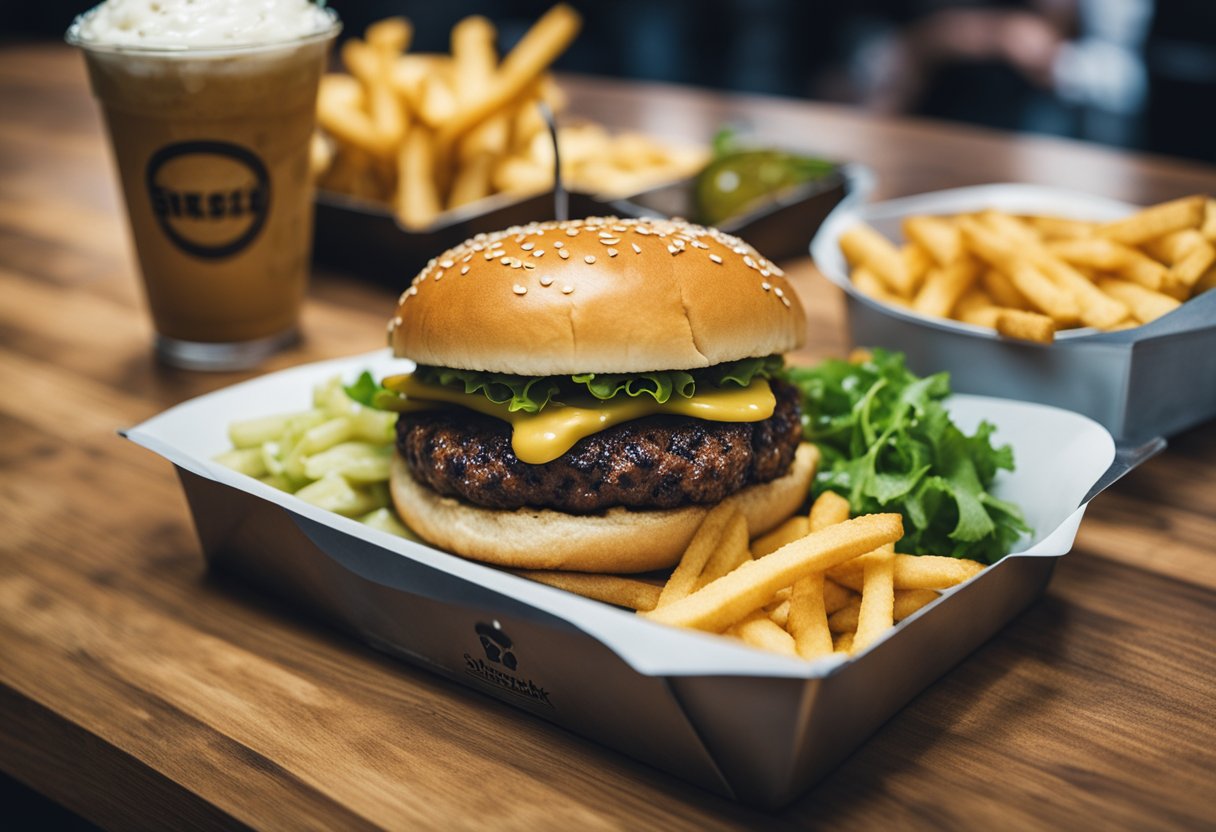 A Shake Shack menu with a variety of burger options, accompanied by a curious dog eyeing the burgers.