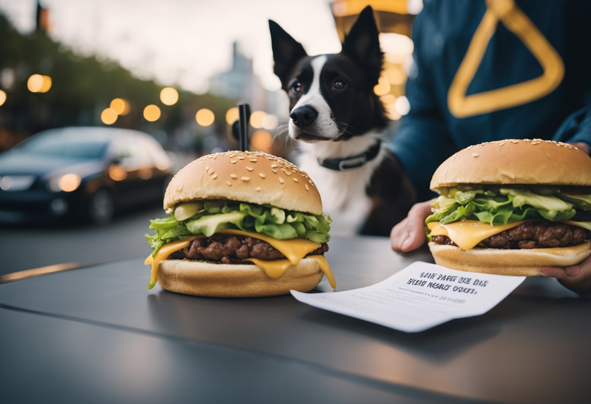 A dog eagerly sits in front of a Shake Shack burger, while a concerned owner holds a list of safe human foods for dogs.