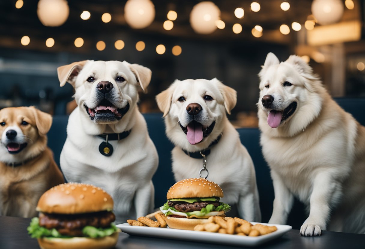 A group of dogs eagerly devouring a variety of dog-friendly burgers and treats, with a sign in the background reading "Alternatives to Shake Shack for Dogs."