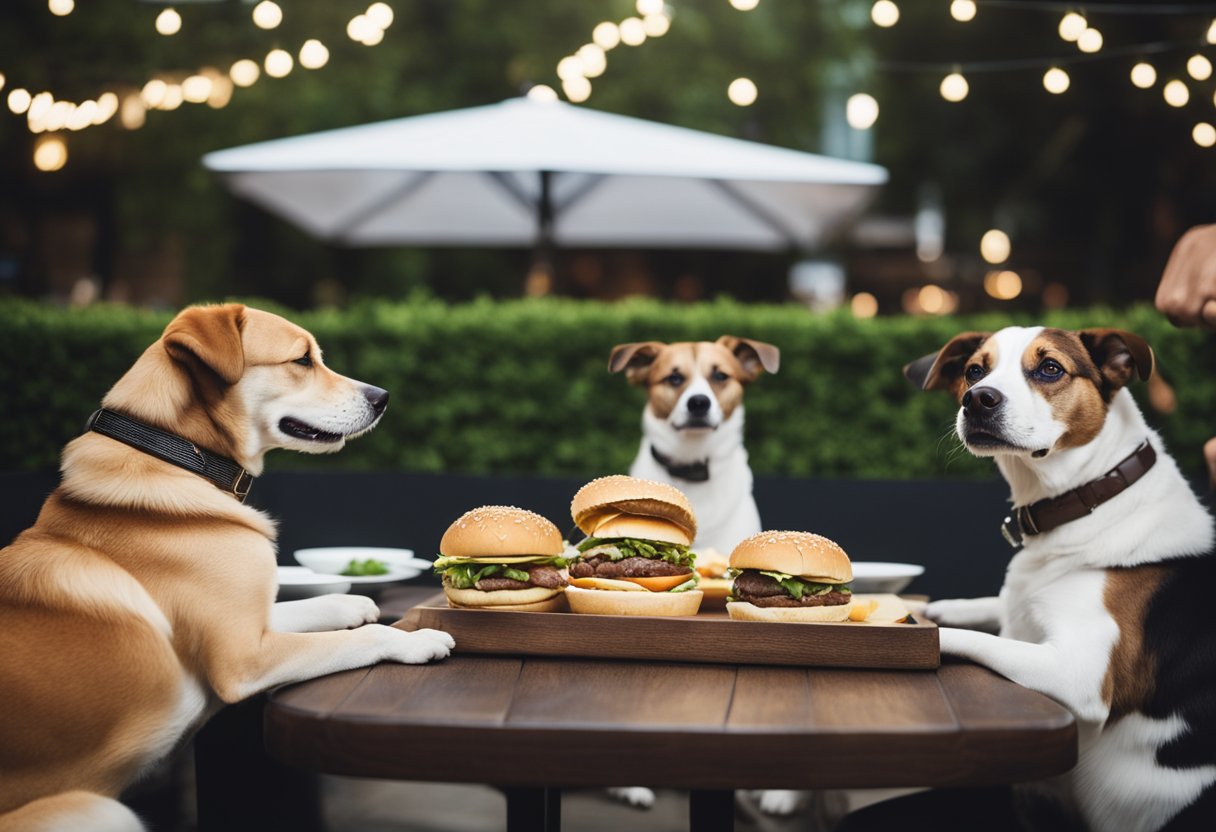 Dogs eagerly surround a table with Shake Shack burgers. One dog eagerly takes a bite while others watch attentively.