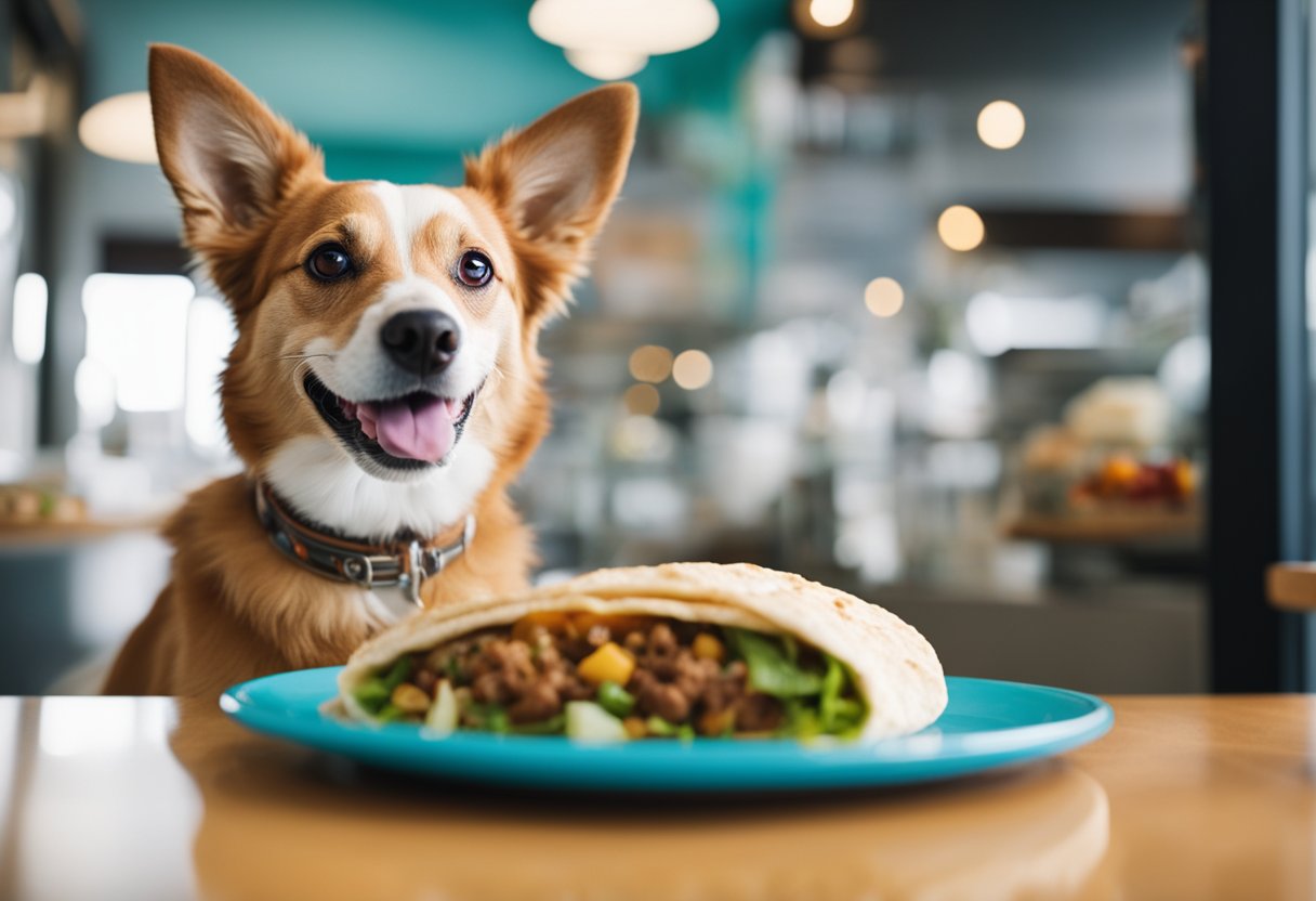 A happy dog sits in front of a Qdoba Mexican Eats burrito, eagerly looking up at it with a wagging tail. The burrito is placed on a colorful plate with fresh ingredients visible inside.