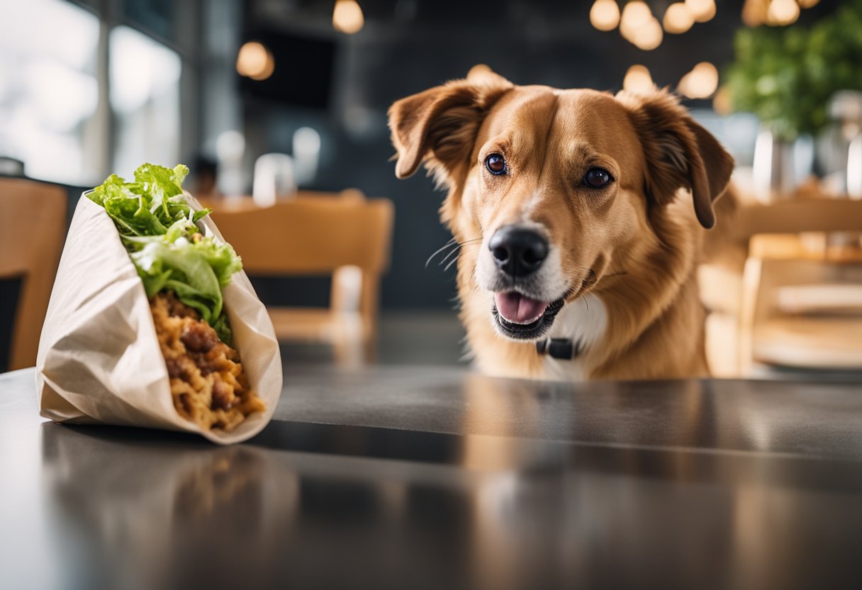 A happy dog eagerly sniffs a Qdoba burrito, while a concerned owner looks on. The dog's tail wags as it waits for permission to eat.