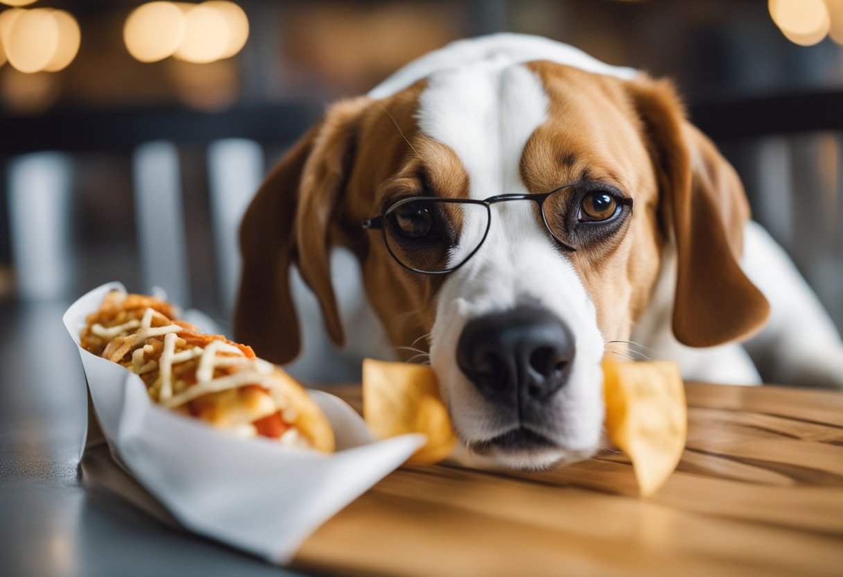 A dog sniffs a Qdoba burrito, its tail wagging eagerly. The burrito is surrounded by warning signs, including a red "X" and a skull and crossbones symbol.