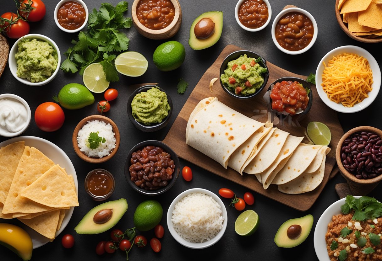 A table with various burrito ingredients spread out, including rice, beans, meat, cheese, salsa, and guacamole, with a curious dog sniffing around.