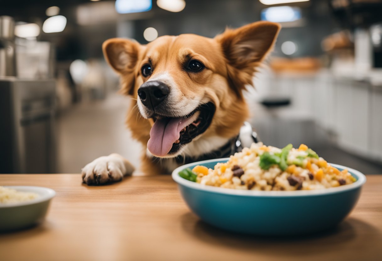 A happy dog eating a safe alternative to Qdoba burritos, with a bowl of dog-friendly ingredients nearby.