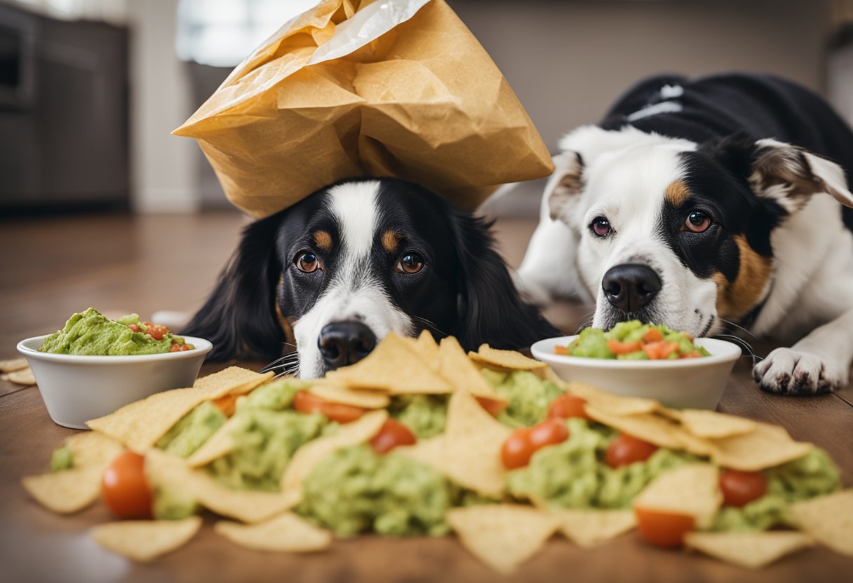 Dogs devouring Qdoba burritos, scattered guacamole, and rice on the floor, with a toppled over bag of chips and salsa in the background.