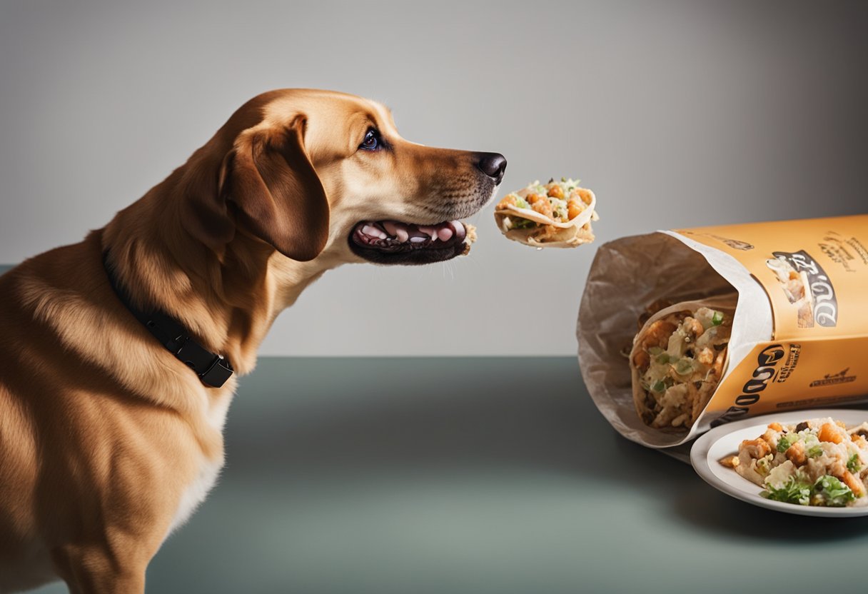 A dog owner placing a Qdoba burrito out of reach from their curious pet.