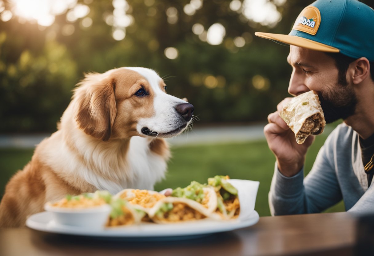 A happy dog eagerly sniffs a Qdoba burrito, while a concerned owner looks on.