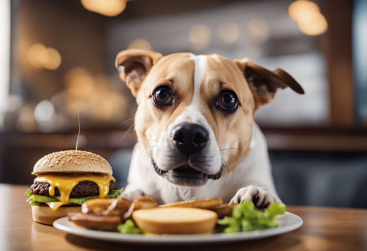 A dog eagerly sniffs a Culver's ButterBurger on a plate, its tail wagging in excitement. The burger is surrounded by tempting aromas, and the dog's eyes are fixed on the delicious treat.