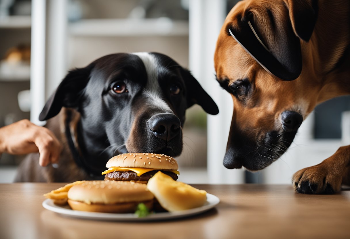 A dog eagerly sniffs a juicy ButterBurger, while a concerned owner looks on. The dog's tail wags as it eagerly eyes the delicious treat.