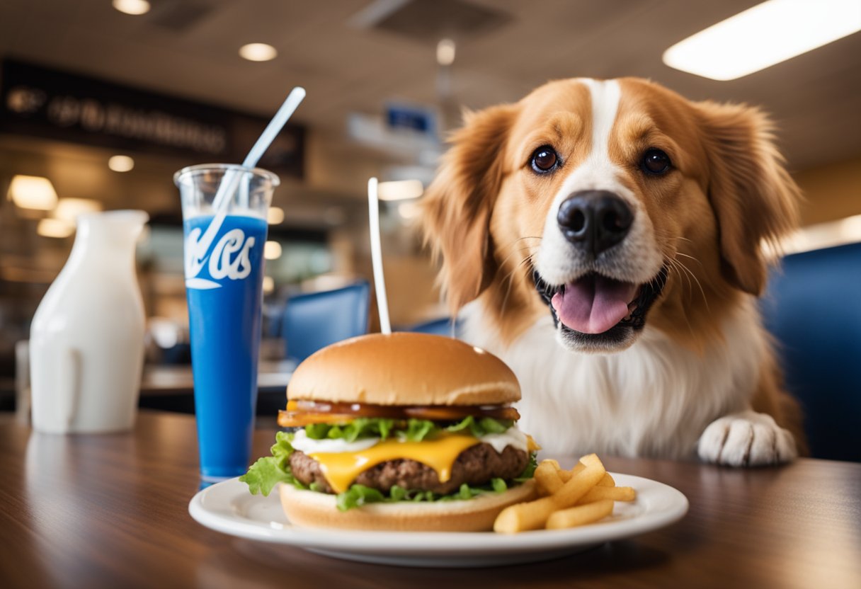 A dog eagerly eyes a butterburger on a plate at Culver's, while a server sets down a bowl of water nearby.