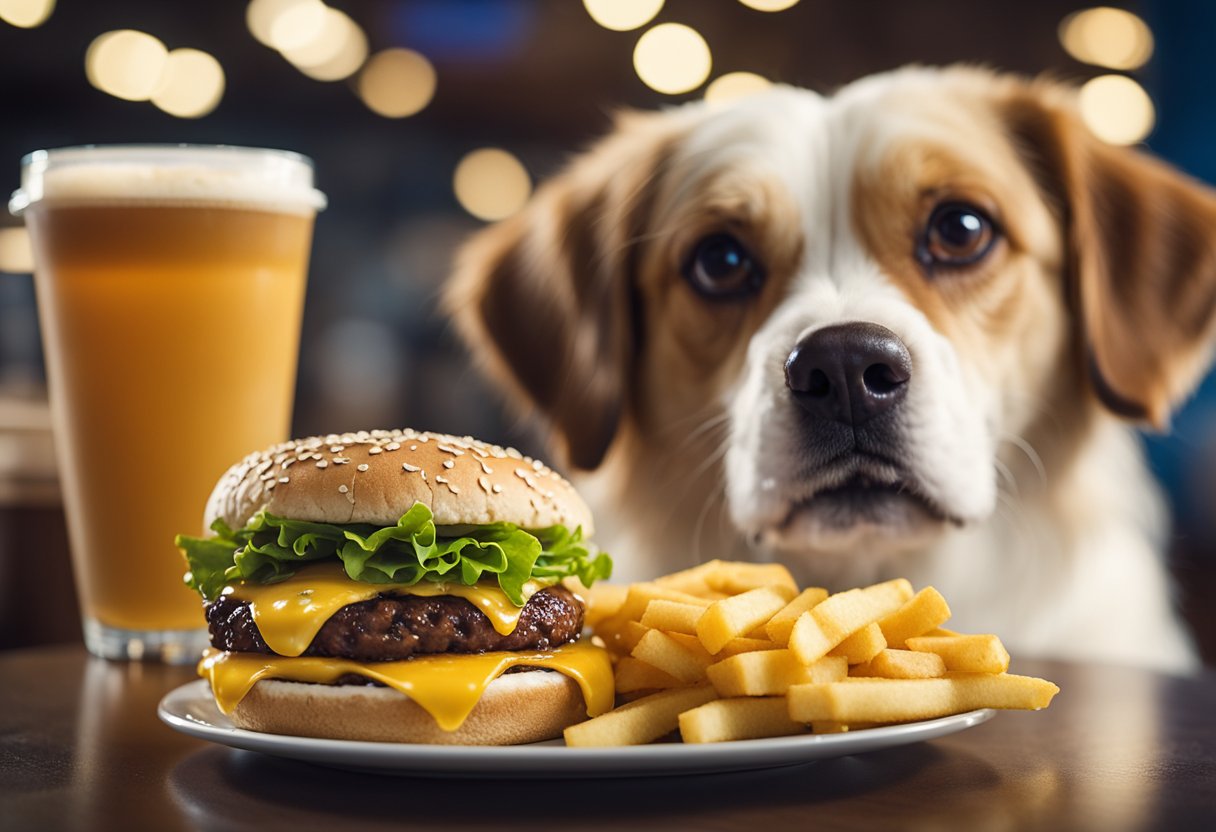 A dog eagerly eyes a Culver's ButterBurger, while a concerned owner holds a list of dietary considerations for dogs.