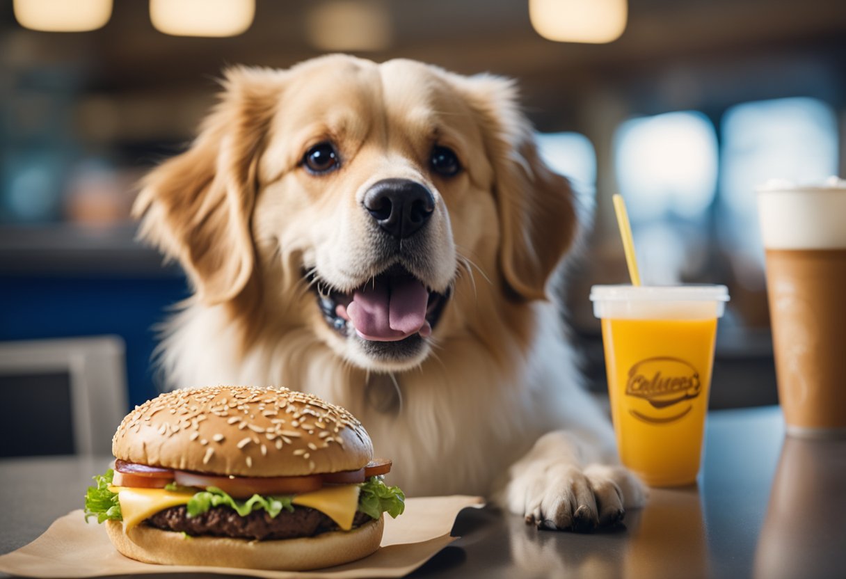 A happy dog sits in front of a delicious Culver's ButterBurger, with a caution sign indicating that it is not safe for dogs to eat.