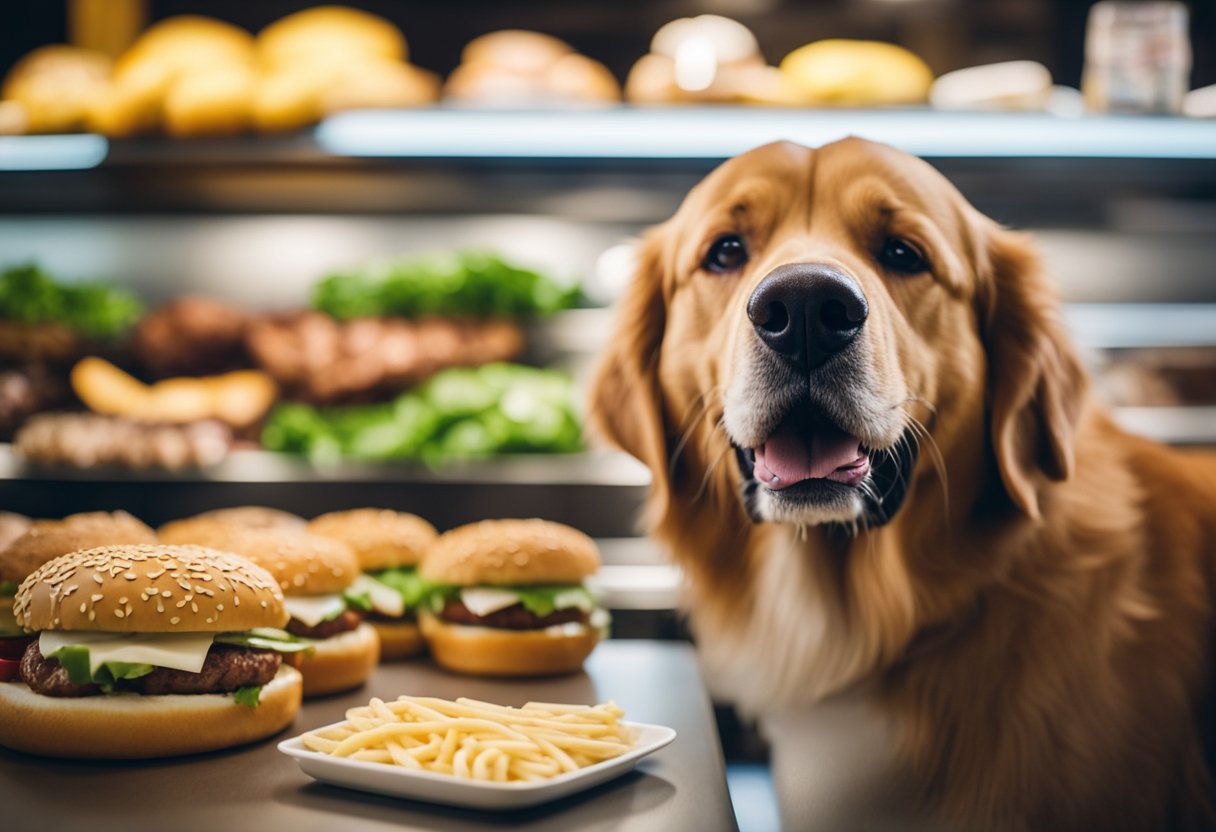 A dog with a wagging tail looks at a variety of dog-friendly food options, including fresh vegetables and lean meats, next to a Culver's ButterBurger.