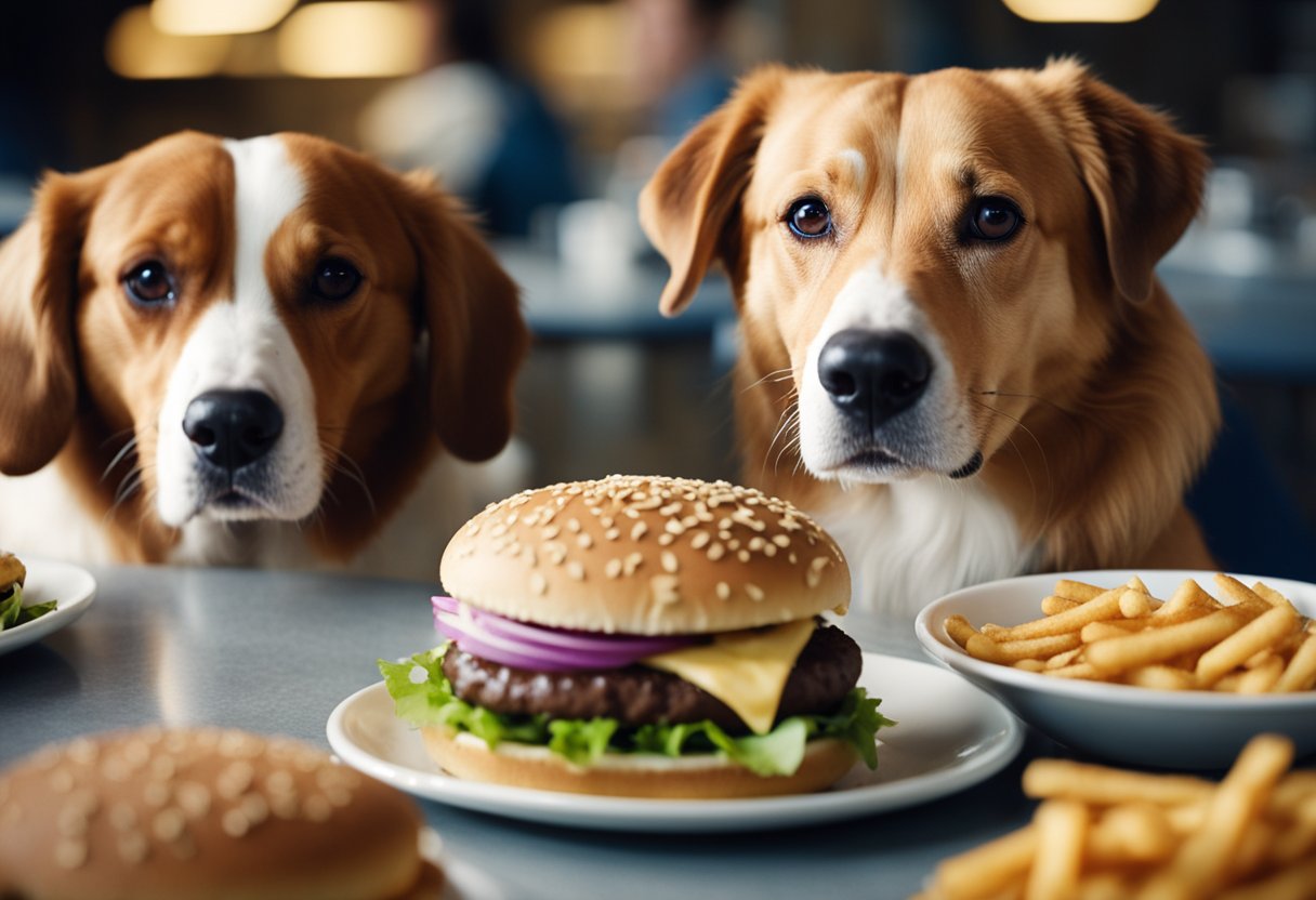 A group of dogs eagerly gather around a table piled with Culver's ButterBurgers, sniffing and licking their lips in anticipation.