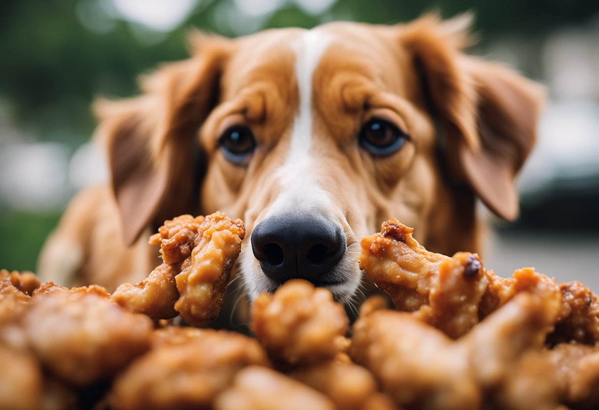 A dog eagerly devours a pile of Wingstop chicken wings, wagging its tail in excitement.