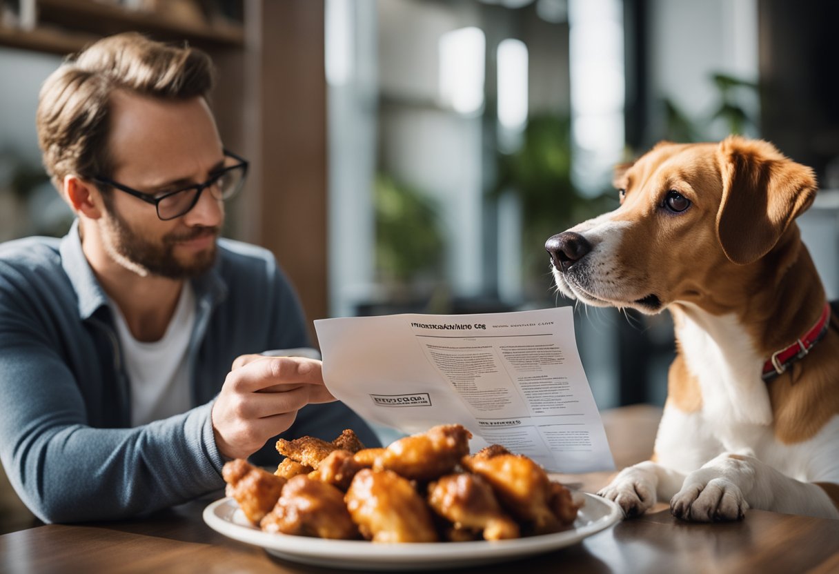 A dog eagerly sniffs a plate of chicken wings, while a concerned owner looks on, holding a pamphlet titled "Understanding the Risks of Chicken Wings for Dogs."