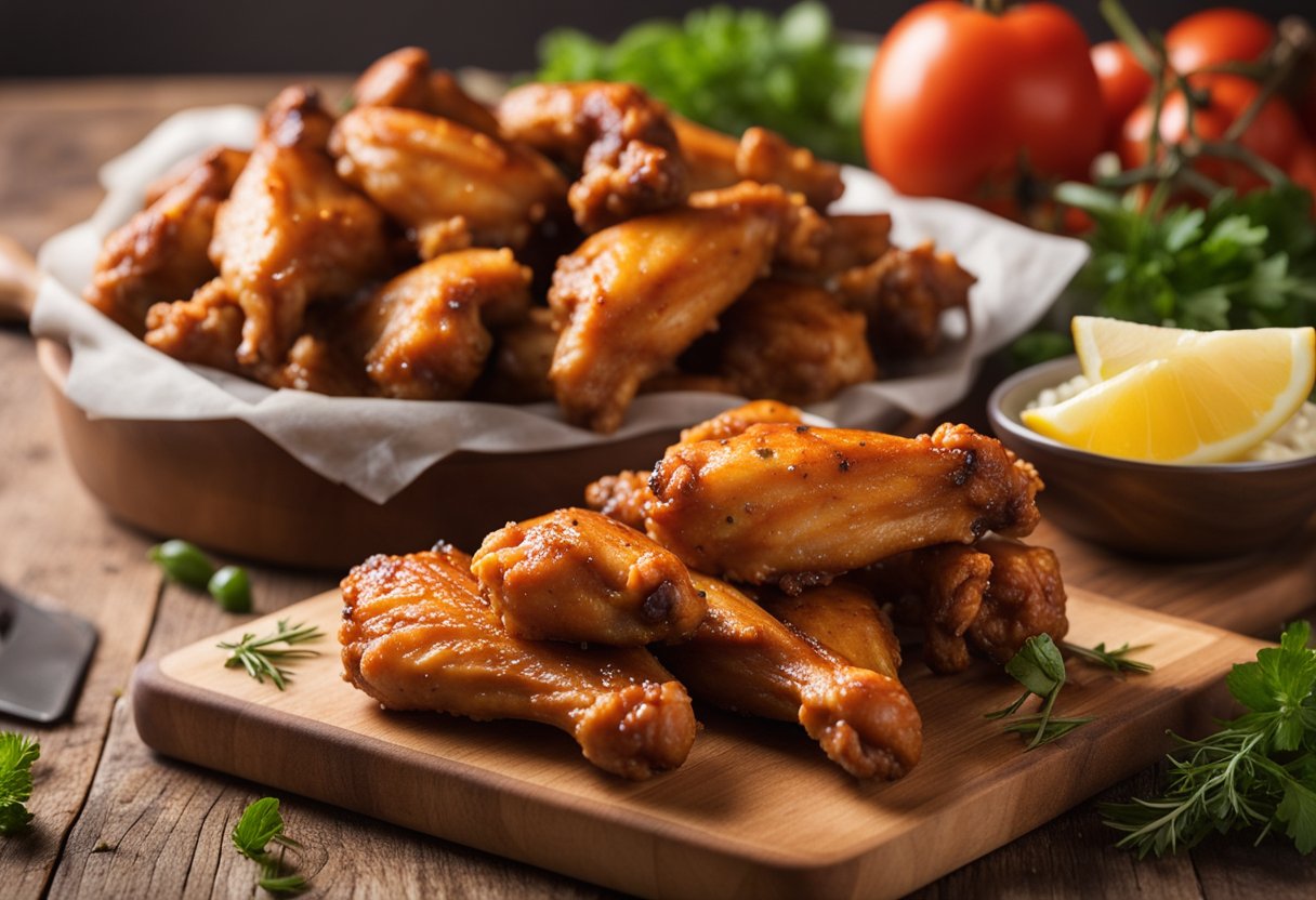 Two piles of chicken wings, one raw and one cooked, sit on a clean cutting board. A curious dog sniffs at the cooked wings.