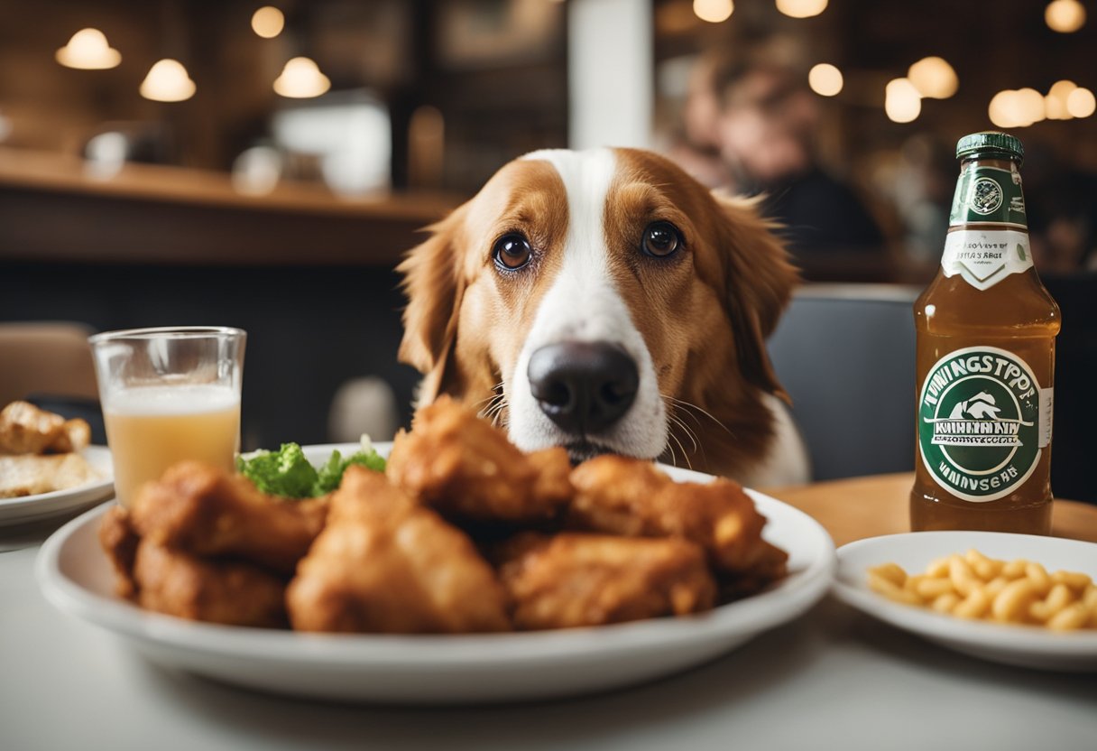 A happy dog eagerly eats a plate of Wingstop chicken wings while a concerned owner looks on, pondering the nutritional implications for their pet's diet.