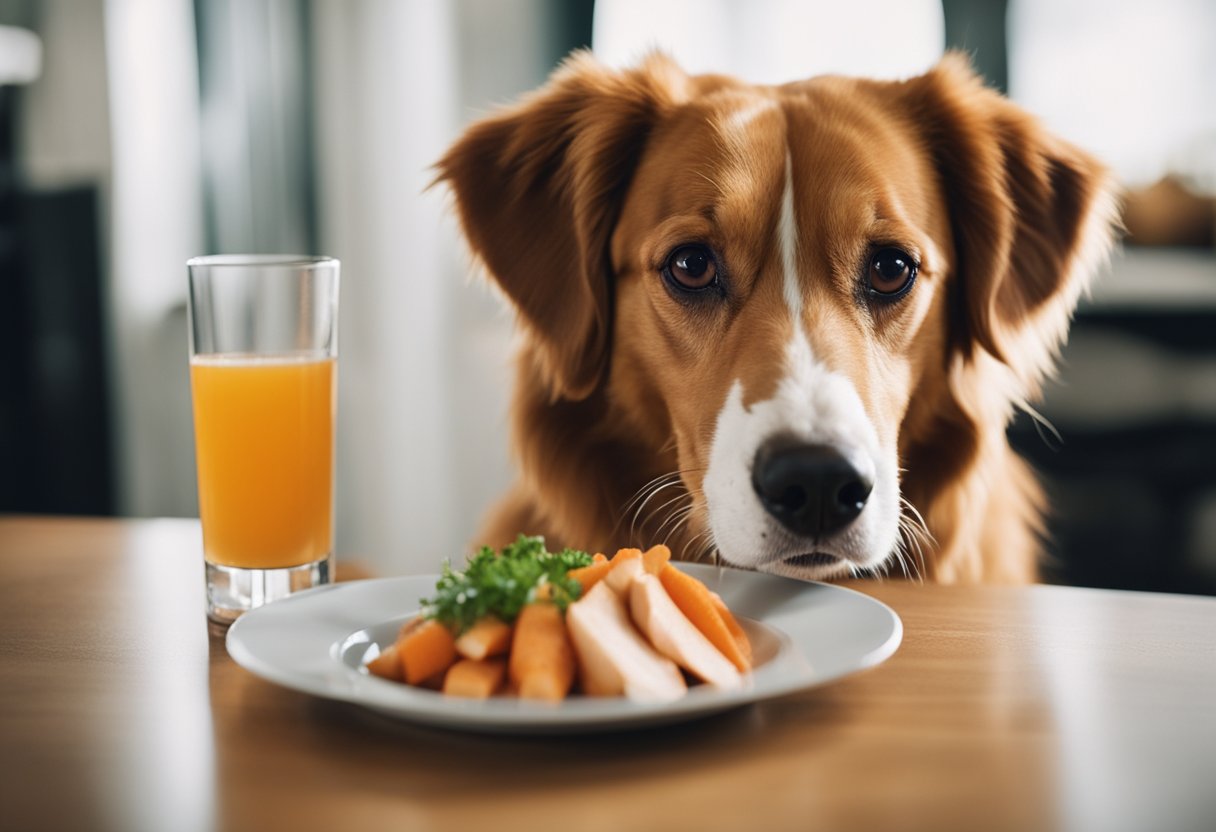 A dog eagerly sniffs a plate of various dog-friendly alternatives to chicken wings, including carrots, apples, and sweet potatoes.