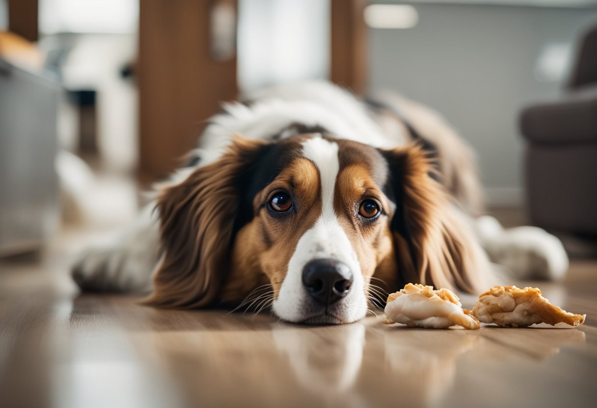 A dog lying on the floor, looking unwell after eating chicken wings. A worried owner on the phone with a vet, while another person searches for emergency pet care options.